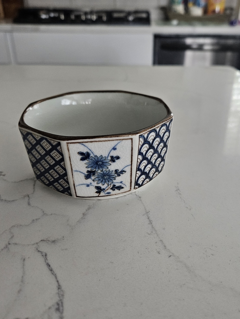 Vtg Otagiri Ceramic Stoneware Blue White Octagon Bowl Art Floral OMC Japan